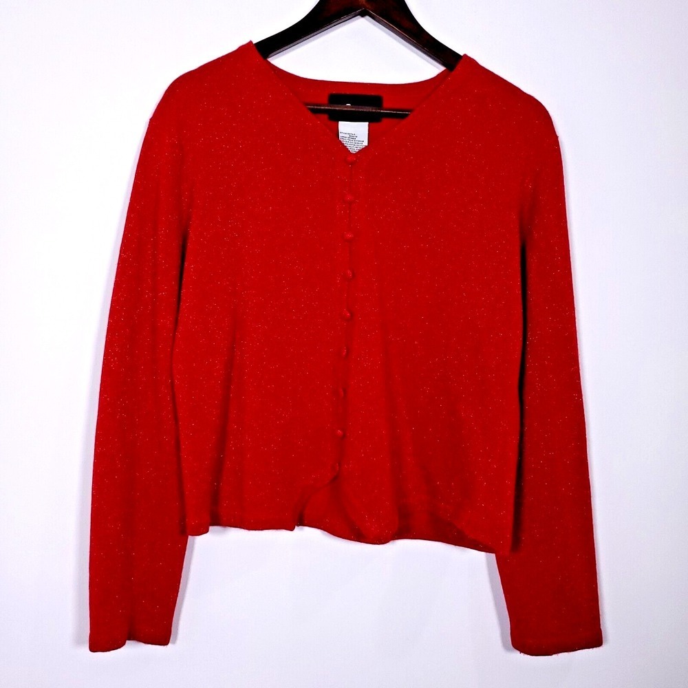 Sag Harbor Red Metallic Shimmer Cardigan Sweater V-Neck Button Front Large